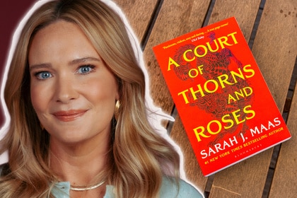 LEFT: Sarah J. Maas in a promotional photo for Call Her Daddy, RIGHT: a copy of A Court of Thorns and Roses laying cover up.