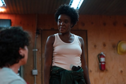 Krys Marshall in a scene with Charlie Evans on season two of Paradise.