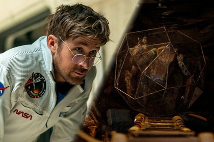Ryan Gosling (wearing white NASA sweater) and alien Rocky, side by side images, in Project Hail Mary.