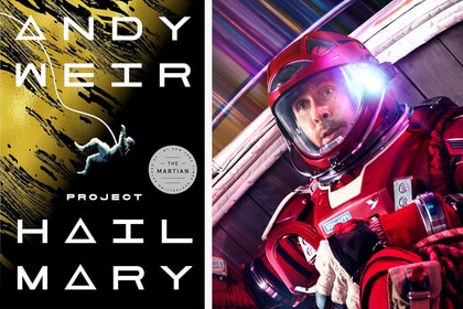 LEFT: Project Hail Mary book cover, RIGHT: Ryan Gosling in poster for the movie of Project Hail Mary