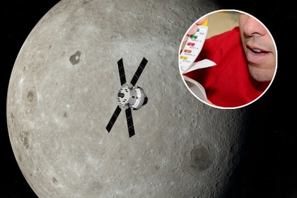 Orion spacecraft flying to Moon visualization, inset with an astronaut test for saliva samples.