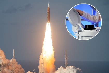 NASA's Artemis II launching into space. INSET: the Orion spacecraft's toilet.