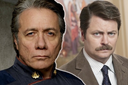 SIDE BY SIDE: Edward James Olmos as Commander Adama on Battlestar Galactica, and Nick Offerman as Ron Swanson on Parks and Recreation.