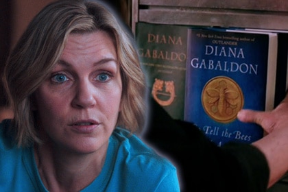 Rhea Seehorn as Carol Sturka, composited with screenshot from Pluribus where Diana Gabaldon's books are replaced with Sturka's novels.