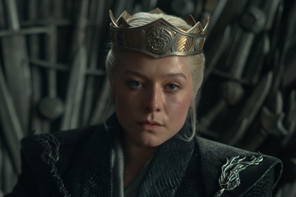 Emma D'Arcy sitting on the Iron Throne in 'House of the Dragons.'