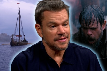 Matt Damon interview image, in front of a BTS image of a ship in the ocean and another image of him as Odysseus sailing in a storm.