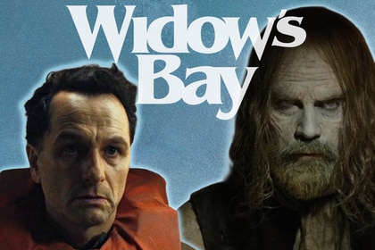 A collage featuring Matthew Rhys as Tom Loftis, Hamish Linklater as Richard Warren and the title treatment for Widow's Bay.