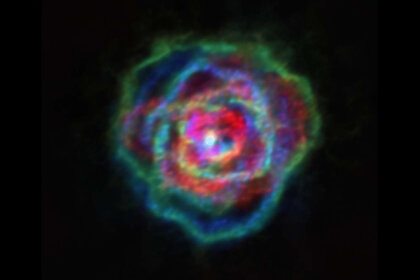 ALMA observation of the gas around the dying star R Aquilae showing complex spirals and arcs. Credit: ALMA (ESO/NAOJ/NRAO), Decin et al.