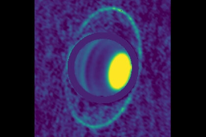 Composite image of Uranus and its rings in millimeter wavelengths shows the rings emitting light due to their “warm” 77K temperature. Credit: Edward Molter and Imke de Pater