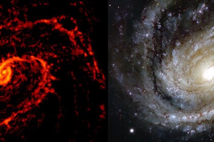 The nearby spiral galaxy M 100 observed by ALMA (left) reveals the locations of star-forming nebulae; compare that to an image taken using the Very Large Telescope (right) in optical light