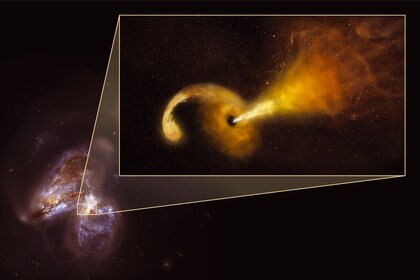 Artwork depicting a star torn apart by a black hole in Arp 299, with a beam of material blasting away. Credit: Sophia Dagnello, NRAO/AUI/NSF; NASA, STScI