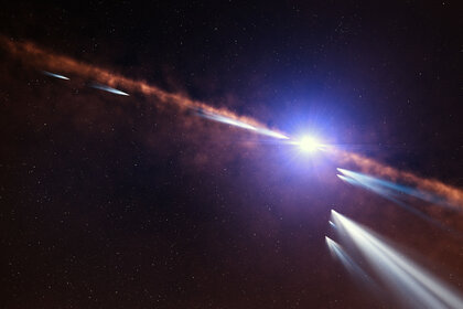 Artwork depicting comets orbiting the young star Beta Pictoris, still surrounded by a disk of material. Note that the comet tails point away from the star; that affects what we see as a comet transits the star’s face. Credit: ESO/L. Calçada