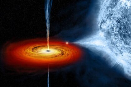 Artwork depicting a black hole drawing matter off a star, which then swirls around the black hole in an accretion disk. Credit: NASA/CXC/M.Weiss
