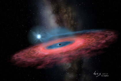 Artist’s depiction of a blue star orbiting a black hole. Credit: Jingchuan Yu / Beijing Planetarium
