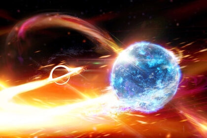 Artwork depicting the merger of a neutron star (right) with a black hole (left). Credit: Carl Knox (OzGrav)