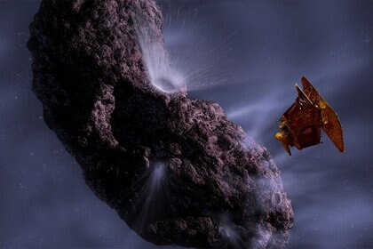 Artwork depicting NASA's Deep Impact mission, which slammed a 370-kilogram copper slug into the comet Tempel 1, to test the concept of pushing dangerous space rocks into safe orbits. Credit: NASA