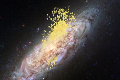 Artwork depicting the stars from Gaia-Enceladus (arrows indicate their velocity) merging with the Milky Way based on actual physical simulations.