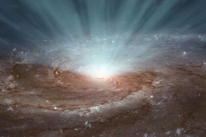 Artwork depicting the wind of gas blown out by the extremely hot disk of material around a supermassive black hole. Credit: NASA/JPL-Caltech