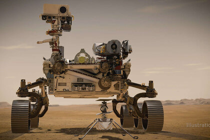 Artwork depicting the Perseverance rover on the surface of Mars with the Ingenuity helicopter deployed. Credit: NASA/JPL-Caltech