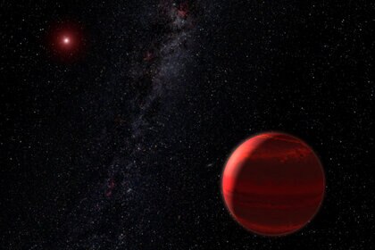Artwork showing a gas giant planet orbiting a red dwarf. Credit: NASA, ESA, and G. Bacon