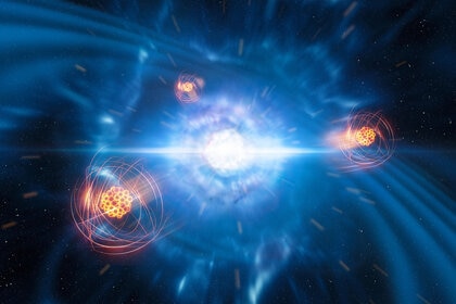 Artwork depicting strontium atoms flying away from the explosive merger of two neutron stars. Credit: ESO/L. Calçada/M. Kornmesser