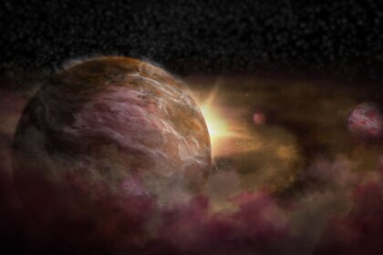 Artist concept of three still-forming planets orbiting the young star HD 163296. Credit: NRAO/AUI/NSF; S. Dagnello
