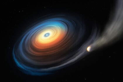 Artwork depicting a white dwarf evaporating a close-orbiting giant planet, with some of that material forming a disk around the dead star. Credit: ESO/M. Kornmesser