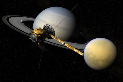 Phenomenal artwork depicting the Cassini spacecraft near Saturn and its huge moon Titan. Credits: Cassini Model: Brian Kumanchik, Christian Lopez, NASA/JPL-Caltech, and updated by Kevin M. Gill