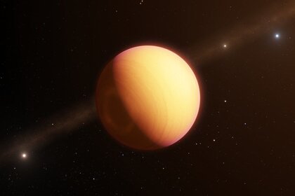 Artwork depicting the very young exoplanet HR 8799e, glowing due to leftover heat from its formation. Credit: ESO/L. Calçada