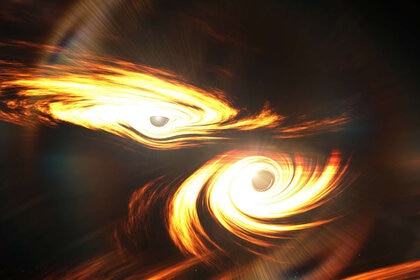 Artwork depicting a binary black hole system, the precursor to a merger. Credit: Mark Myers, ARC Centre of Excellence for Gravitational Wave Discovery (OzGrav).