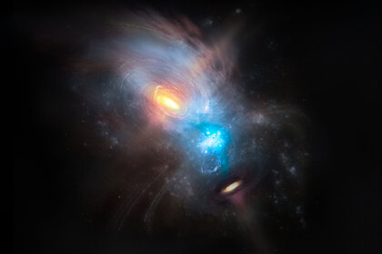 Artwork depicting the chaos of galactic collision: NGC 6240 is two galaxies colliding, each with their own supermassive black hole surrounded by huge amounts of gas. Credit: Credit: NRAO/AUI/NSF, S. Dagnello