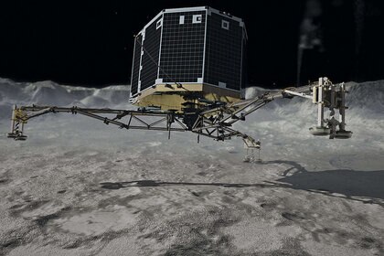 Artwork showing the Philae lander just before contacting the surface of the comet 67P/Churyumov-Gerasimenko. Credit: DLR (CC-BY 3.0)