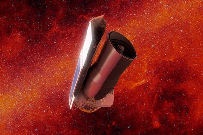 Artwork of Spitzer Space Telescope against a background of the sky seen in infrared. Credit: NASA/JPL-Caltech/R. Hurt (IPAC)