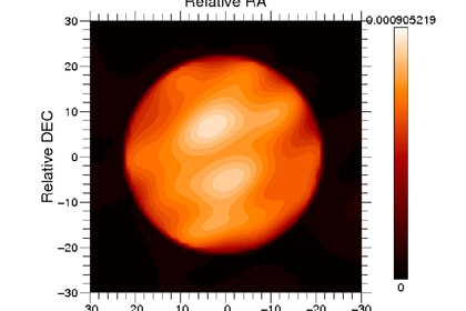 An image of the star Betelgeuse taken in the infrared with the Infrared Optical Telescope Array reveals two huge hot spots on the surface. Credit: Haubois et al.