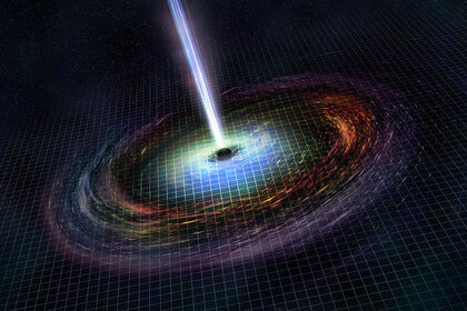 Artwork showing a newly-formed black hole with material swirling around it, and jets of energy and matter blasting away from its poles. Credit: NASA/CXC/M.Weiss