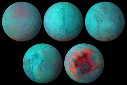 Five infrared views of Saturn’s moon Enceladus from Cassini, showing fresh ice (red). 