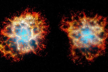 3D models of the Crab Nebula generated from spectra: The view as we see it from Earth (left) versus from a different angle, where the heart shape becomes more apparent. Credit: Thomas Martin, Danny Milisavljevic and Laurent Drissen