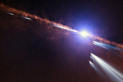Artist’s impression of comets orbiting the young star Beta Pictoris. Credit: ESO/L. Calçada