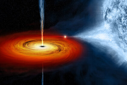 Artwork depicting a black hole drawing material off its massive blue stellar companion. Credit: NASA/CXC/M.Weiss
