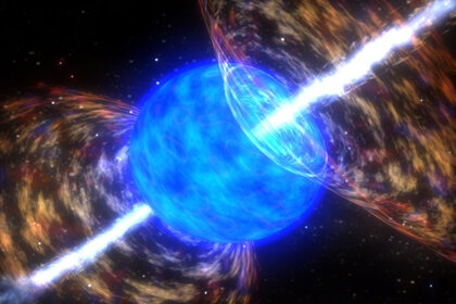 Artwork depicting beams of matter and energy tearing through a massive blue star, creating a hypernova and gamma-ray burst. Credit: NASA/Dana Berry/Skyworks Digital