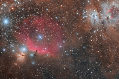 A spectacular wide-field shot of Orion's Belt, featuring the Horsehead, Flame, and Orion Nebula (and lots of other stuff too). Credit: Derek Demeter