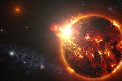 Artwork of a red dwarf in a binary system undergoing a flare. Credit: NASA's Goddard Space Flight Center/S. Wiessinger