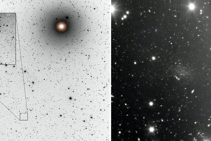 The faint galaxy Donatiello I seen in a small telescope (left) shows it near the very bright star Mirach; the same field as the inset box using the 10.4 meter Gran Telescopio Canarias (right). Credit: Martínez-Delgado et al.