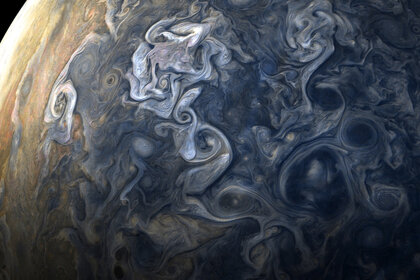 High-latitude clouds swirl and rage in this image taken from 19,000 km above Jupiter’s northern latitudes. Credit: NASA / SwRI / MSSS / Gerald Eichstädt / Seán Doran