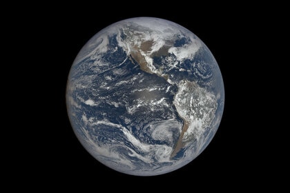 The Earth on the vernal equinox of March 20, 2019. This image was taken by the DSCOVR satellite 1.6 million km from Earth in the direction of the Sun. The glow is sunlight reflecting off the Pacific Ocean, directly on the Equator.