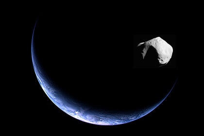 Illustration of a near-Earth asteroid, created using actual space images of Earth and the asteroid Mathilde. Credit: Earth: ESA/Rosetta; asteroid Mathilde: NASA/NEAR
