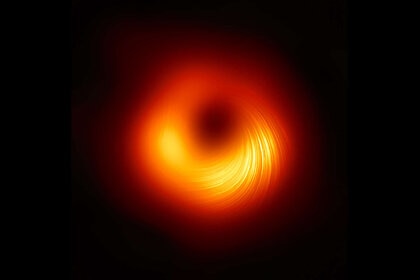 The actual image of material around the supermassive black hole in the center of the galaxy M87, showing the direction of light polarization coming from that matter. This is due to magnetic fields in the material, which powers much of the emission. 