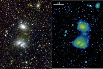 eROSITA observation of the interacting galaxy clusters Abell 3391 and 3395. An image in three X-ray colors shows the clusters (left), and a different view highlights the gas connecting them (right). 