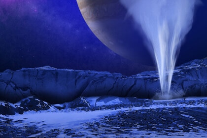 Artist’s concept of a plume of water erupting from under the surface of Jupiter’s moon Europa. Credit: NASA/ESA/K. Retherford/SWRI