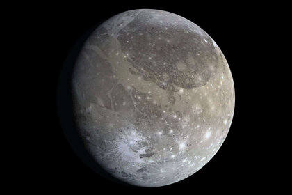 Jupiter’s moon Ganymede, showing the dark and light terrains; the furrows can be seen to the upper right in the dark terrain. Credit: NASA / JPL-Caltech / Emily Lakdawalla